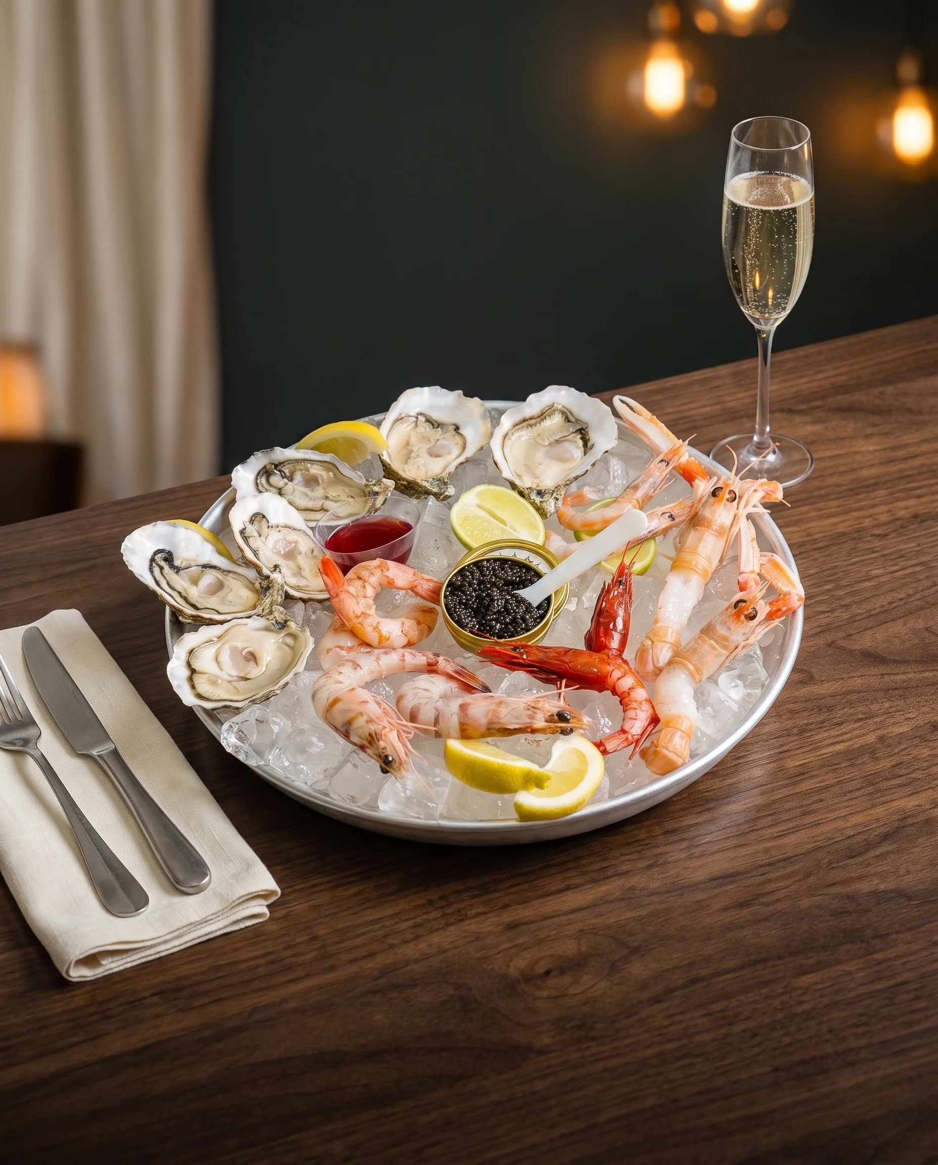 Vassoio di crudo di mare con ostriche, crostacei e caviale su un tavolo elegante, con un calice di Champagne